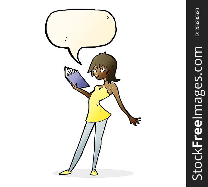 cartoon woman reading book with speech bubble