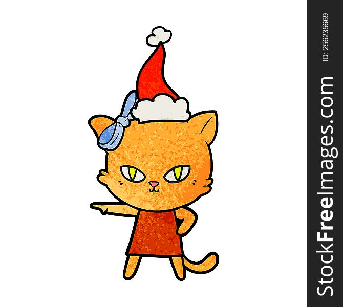 cute hand drawn textured cartoon of a cat wearing dress wearing santa hat. cute hand drawn textured cartoon of a cat wearing dress wearing santa hat