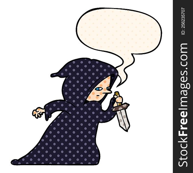 cartoon assassin in dark robe with speech bubble in comic book style