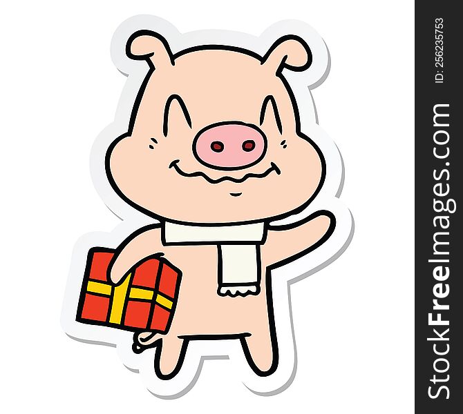 Sticker Of A Nervous Cartoon Pig With Present