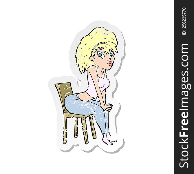 Retro Distressed Sticker Of A Cartoon Woman Posing On Chair