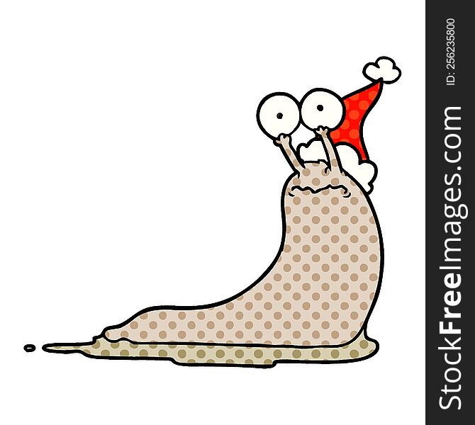 Comic Book Style Illustration Of A Slug Wearing Santa Hat