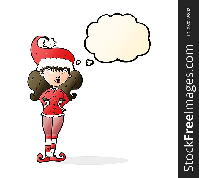 cartoon santa's helper woman with thought bubble