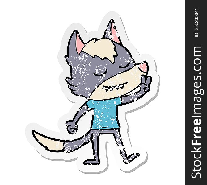 distressed sticker of a friendly cartoon wolf making peace sign