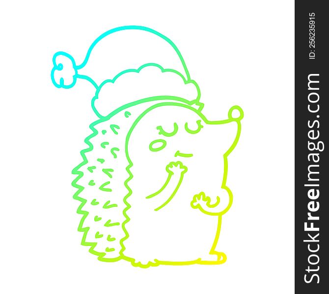 Cold Gradient Line Drawing Cartoon Hedgehog Wearing Christmas Hat