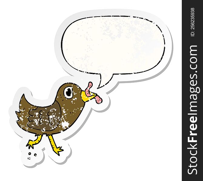 Cartoon Bird And Worm And Speech Bubble Distressed Sticker