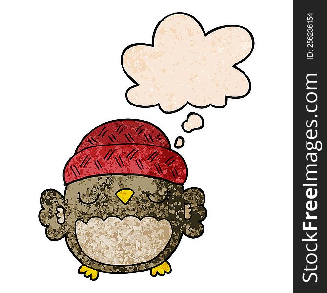 Cute Cartoon Owl In Hat And Thought Bubble In Grunge Texture Pattern Style