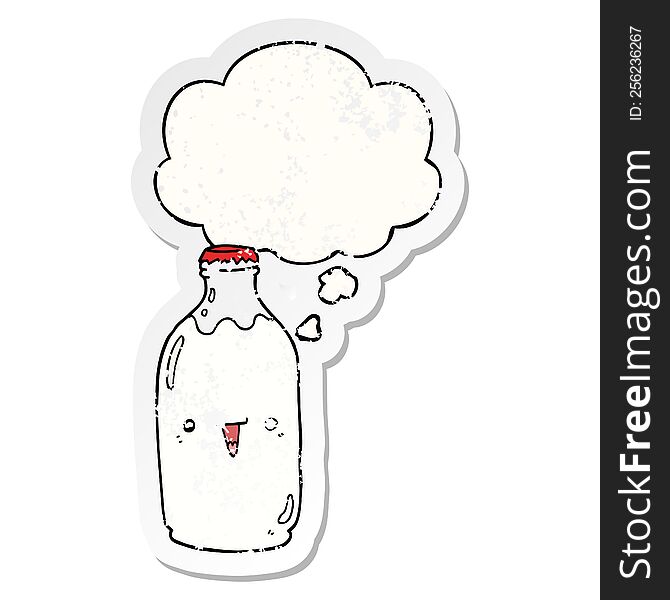 cute cartoon milk bottle with thought bubble as a distressed worn sticker