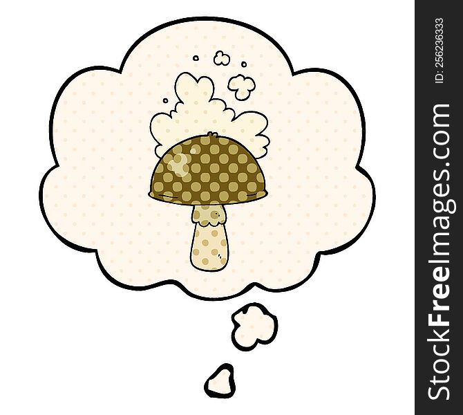 cartoon mushroom with spore cloud with thought bubble in comic book style