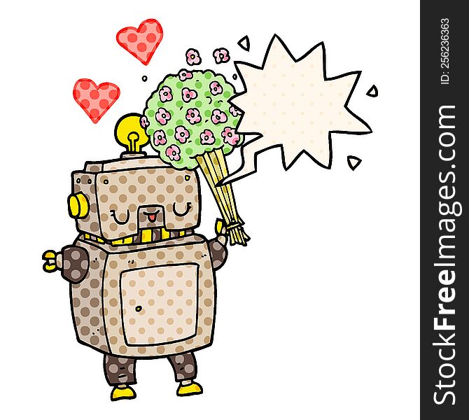 cartoon robot in love with speech bubble in comic book style