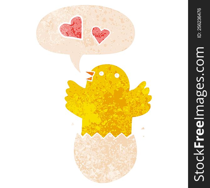 Cute Hatching Chick Cartoon And Speech Bubble In Retro Textured Style