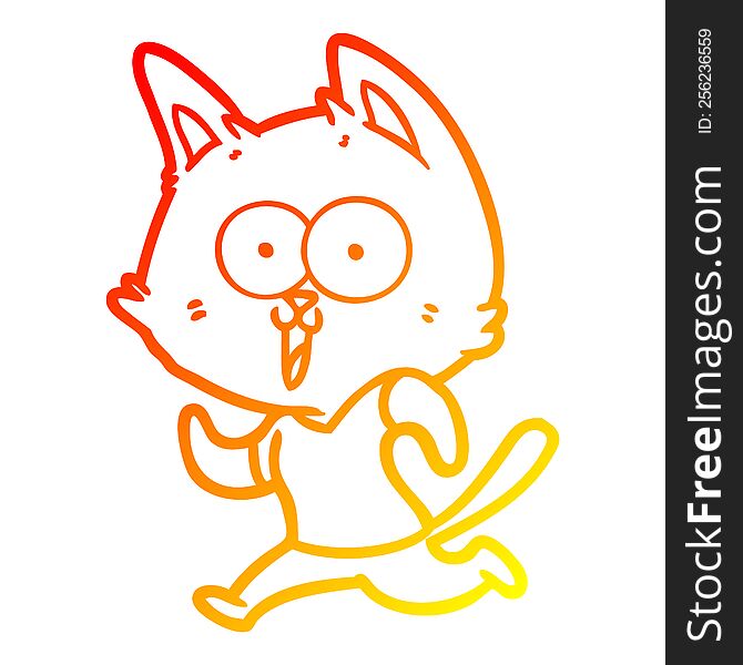 warm gradient line drawing of a funny cartoon cat jogging