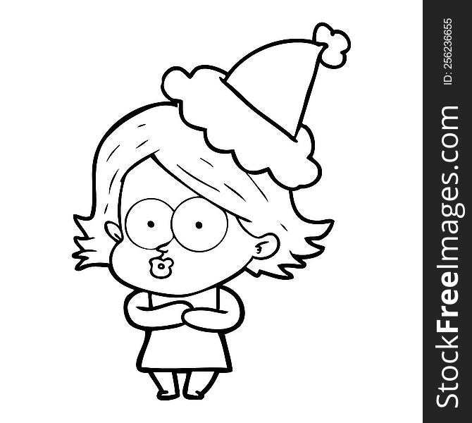 Line Drawing Of A Girl Pouting Wearing Santa Hat