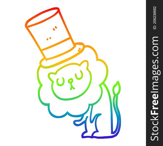 Rainbow Gradient Line Drawing Cute Cartoon Lion Wearing Top Hat