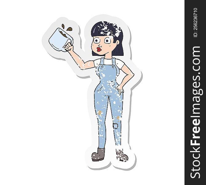 retro distressed sticker of a cartoon female worker with coffee mug