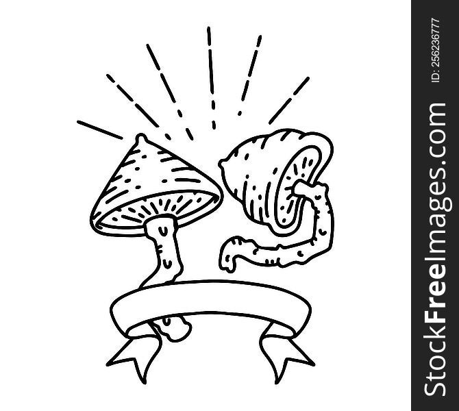 Banner With Black Line Work Tattoo Style Mushrooms