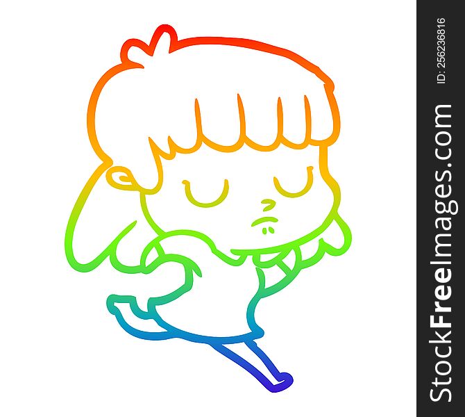 rainbow gradient line drawing of a cartoon indifferent woman running