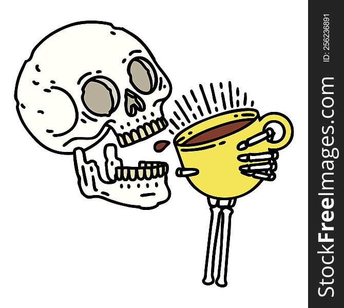 tattoo in traditional style of a skull drinking coffee. tattoo in traditional style of a skull drinking coffee
