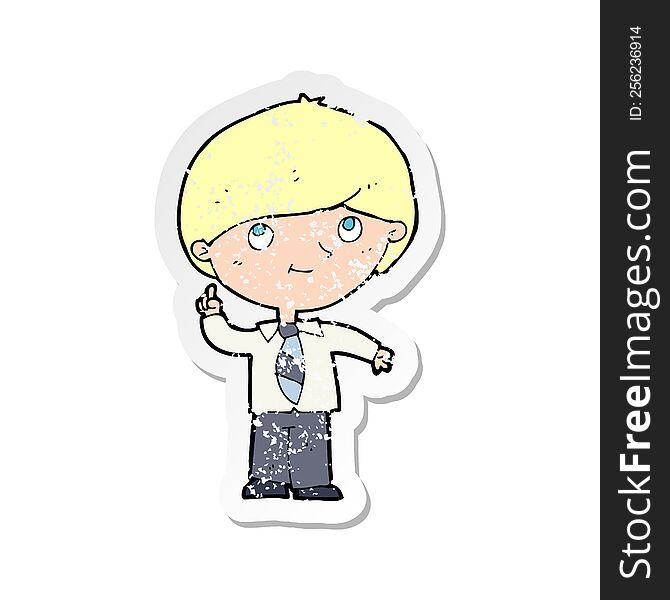 retro distressed sticker of a cartoon boy with idea