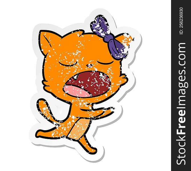 Distressed Sticker Of A Cartoon Yawning Cat