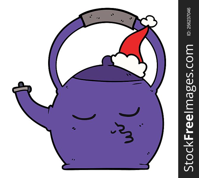 hand drawn line drawing of a kettle wearing santa hat