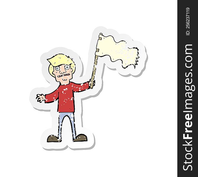 retro distressed sticker of a cartoon man waving white flag