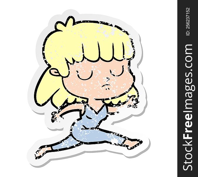 distressed sticker of a cartoon indifferent woman running