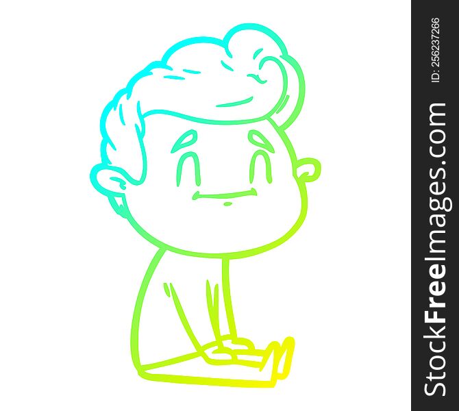 cold gradient line drawing of a happy cartoon man sitting on floor