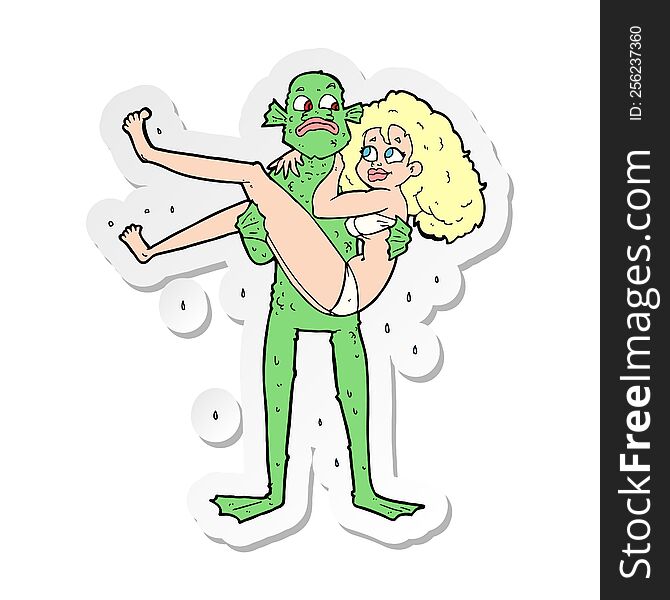 sticker of a cartoon swamp monster carrying woman in bikini