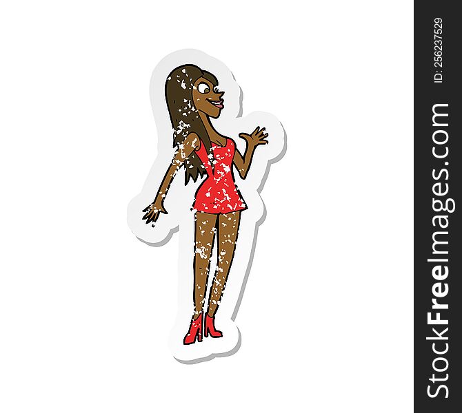 Retro Distressed Sticker Of A Cartoon Woman In Pink Dress