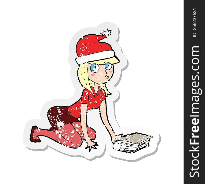 retro distressed sticker of a cartoon woman in christmas hat