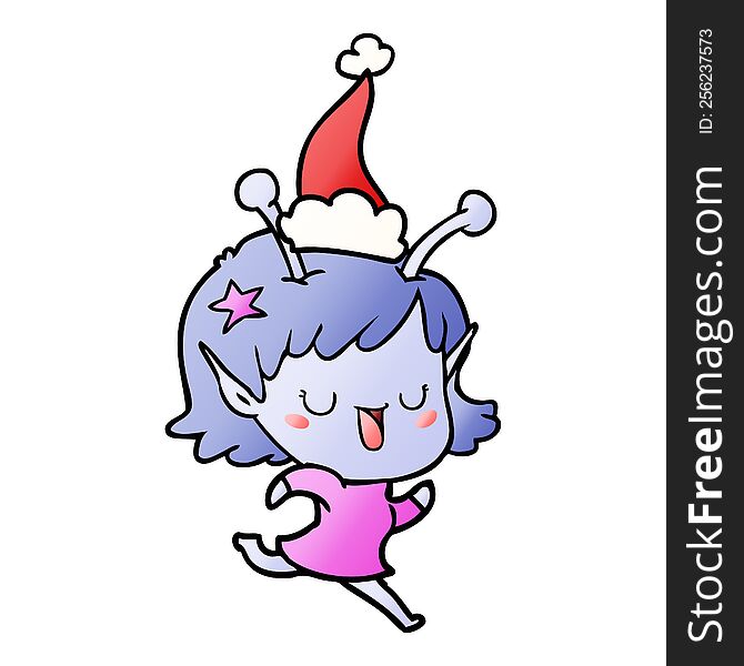 Happy Alien Girl Gradient Cartoon Of A Wearing Santa Hat