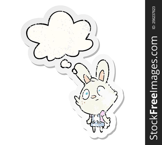 Cartoon Rabbit Shrugging Shoulders And Thought Bubble As A Distressed Worn Sticker