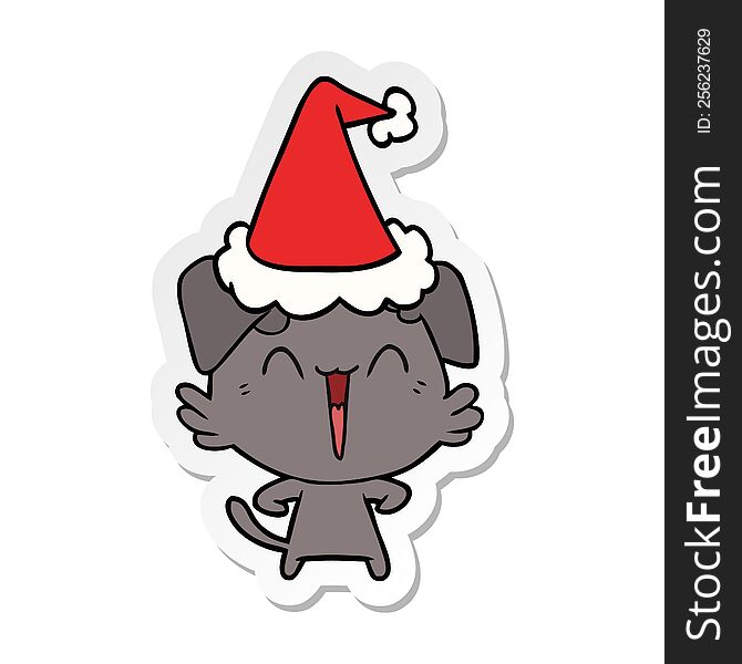 happy little dog hand drawn sticker cartoon of a wearing santa hat. happy little dog hand drawn sticker cartoon of a wearing santa hat