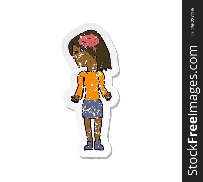 Retro Distressed Sticker Of A Cartoon Clever Woman Shrugging Shoulders
