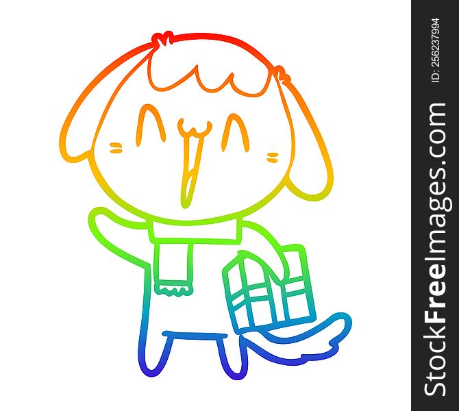 Rainbow Gradient Line Drawing Cute Cartoon Dog With Christmas Present