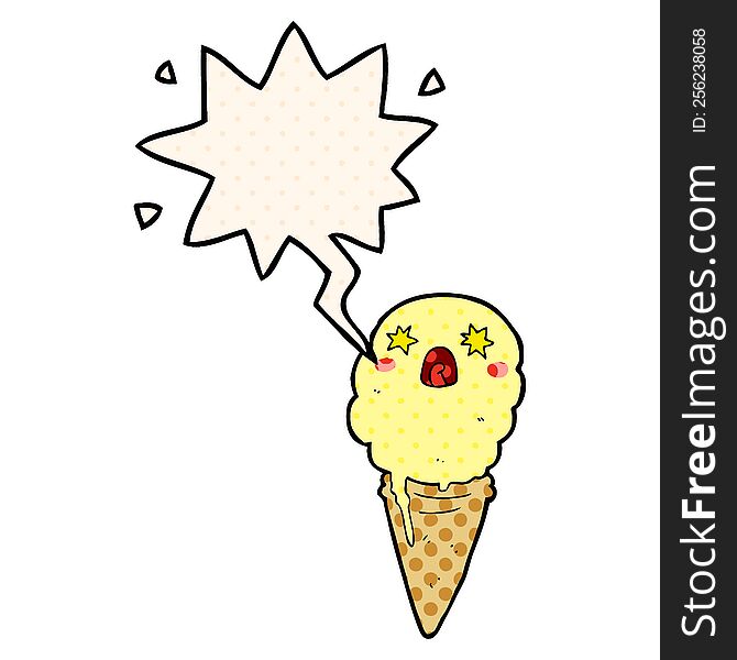 Cartoon Shocked Ice Cream And Speech Bubble In Comic Book Style