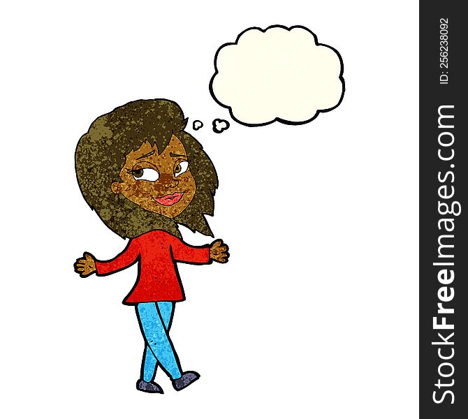 stress free woman cartoon with thought bubble