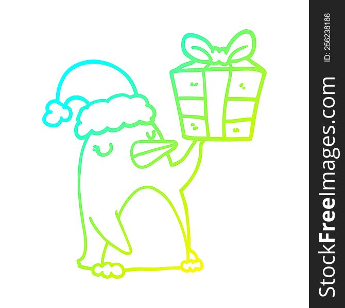 cold gradient line drawing of a cartoon penguin with christmas present