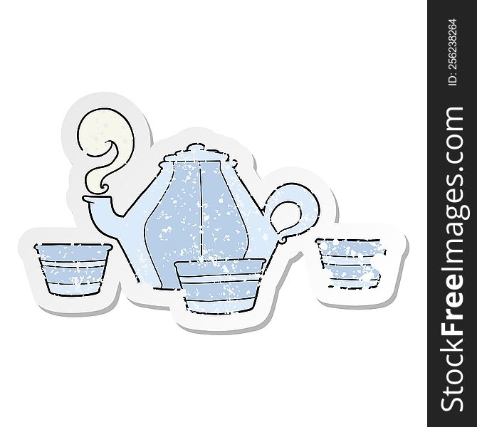 distressed sticker of a cartoon teapot and cups