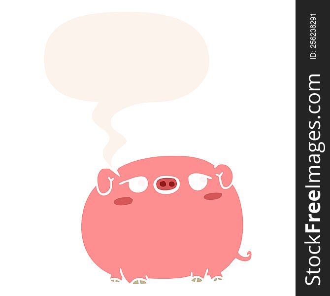 cute cartoon pig with speech bubble in retro style