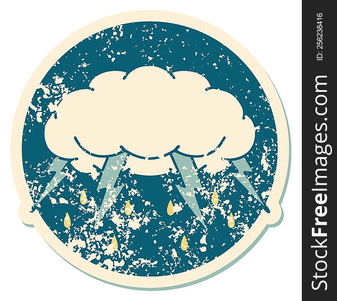iconic distressed sticker tattoo style image of a storm cloud. iconic distressed sticker tattoo style image of a storm cloud