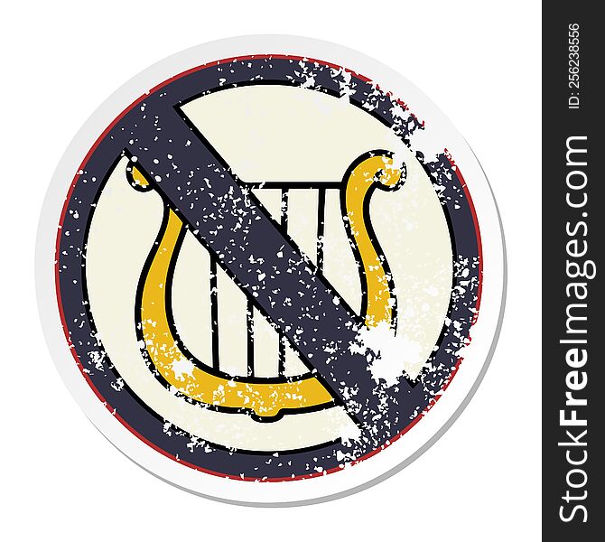 distressed sticker of a cute cartoon no harps allowed sign