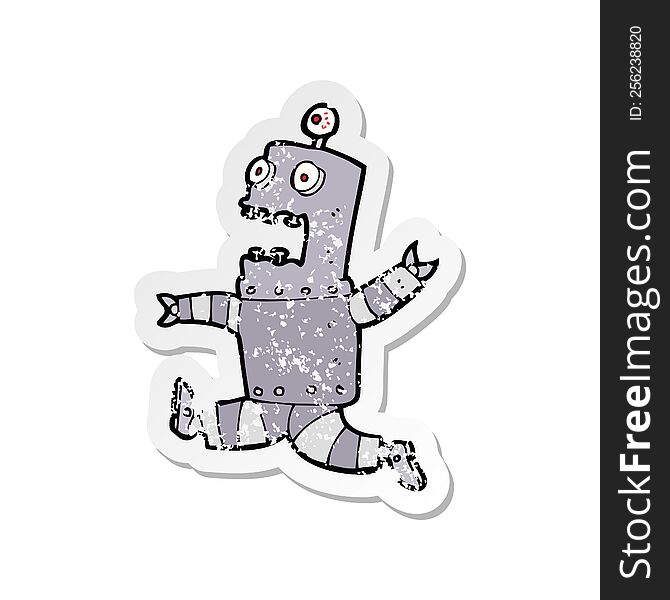 Retro Distressed Sticker Of A Cartoon Terrified Robot