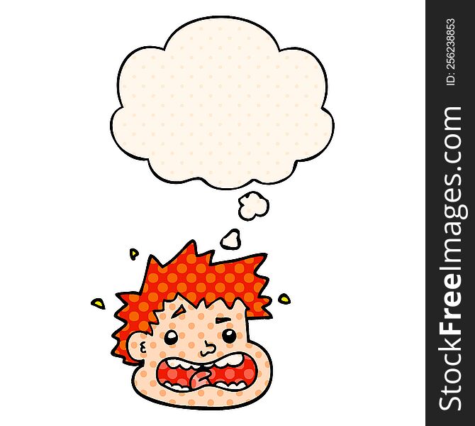 cartoon frightened face with thought bubble in comic book style