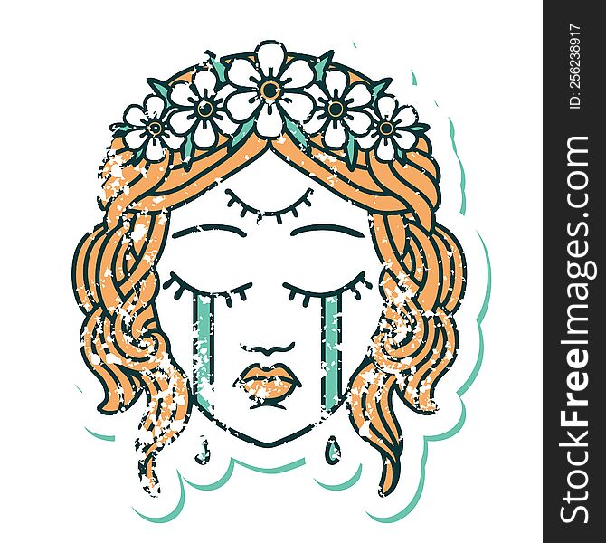 Distressed Sticker Tattoo Style Icon Of Female Face Crying With Third Eye