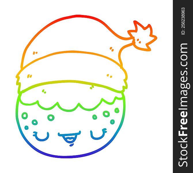 Rainbow Gradient Line Drawing Cartoon Christmas Pudding Wearing Santa Hat