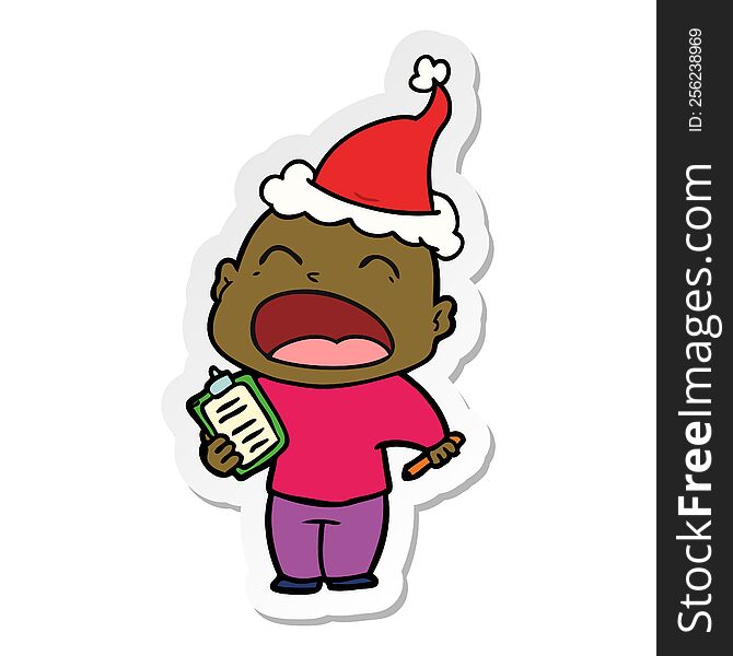 Sticker Cartoon Of A Shouting Bald Man Wearing Santa Hat