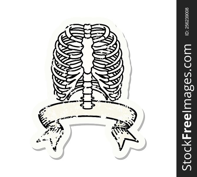 worn old sticker with banner of a rib cage. worn old sticker with banner of a rib cage