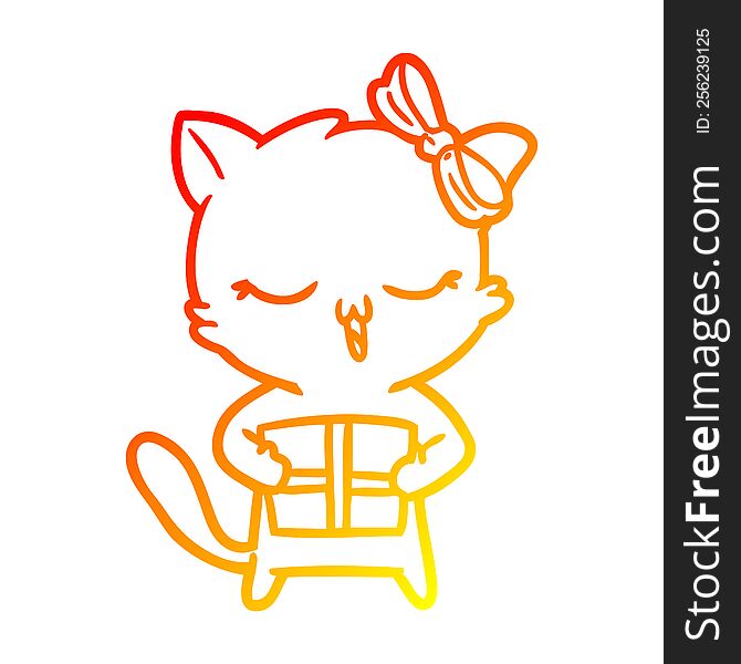 Warm Gradient Line Drawing Cartoon Girl Cat With Christmas Present
